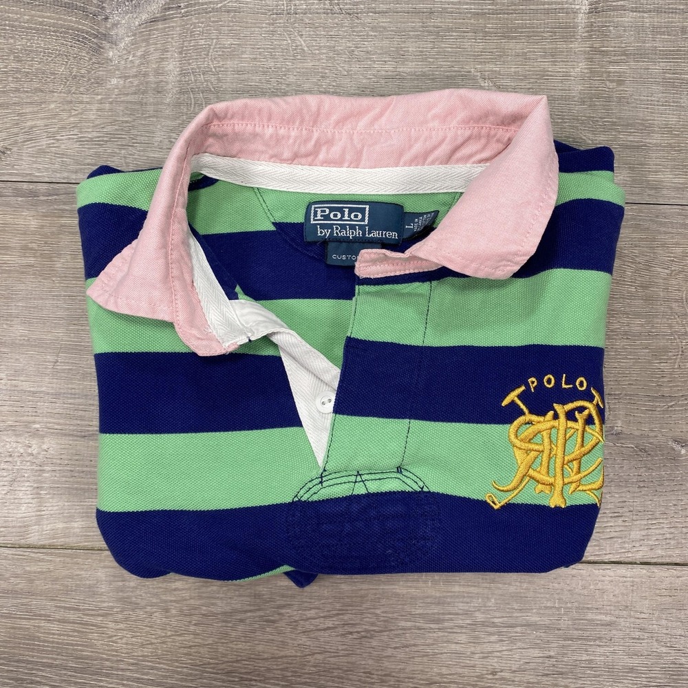 Polo Ralph Lauren Polo Shirt Mens Large Green Navy Striped Custom Fit Rugby Logo - Picture 7 of 16